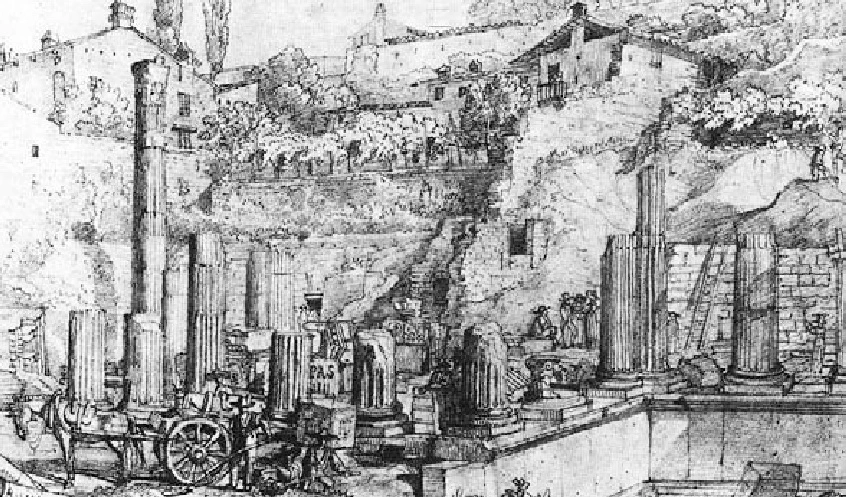 39-Luigi Basiletti, Il Tempio Capitolino visto da sud-est durante gli scavi (1826) 